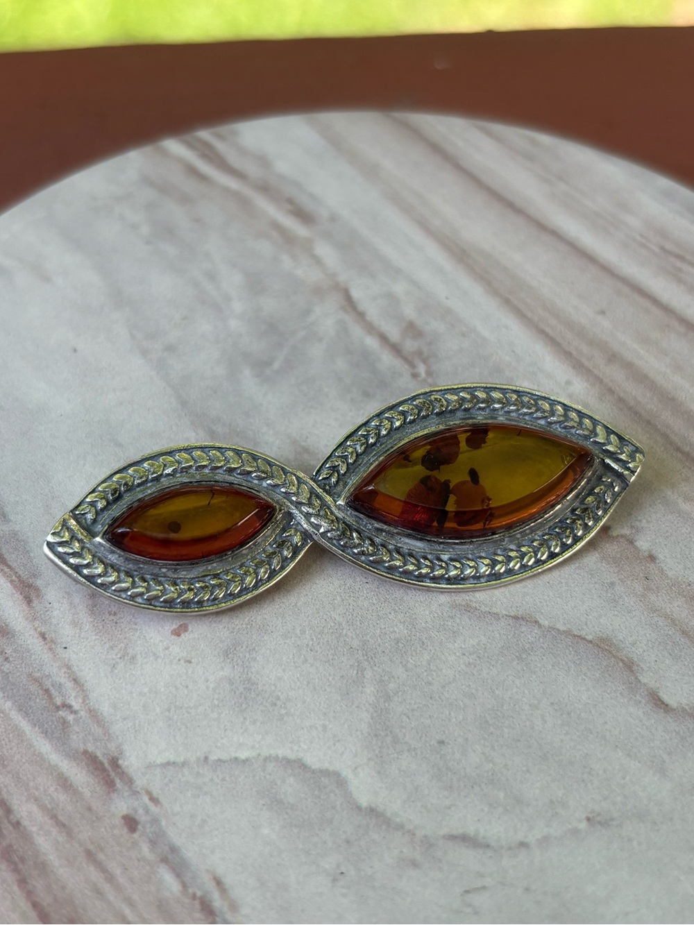 Vintage 925 Sterling Silver Baltic Amber Brooch Pin Marquise Two Stone 6.17g 2” - Picture 3 of 8